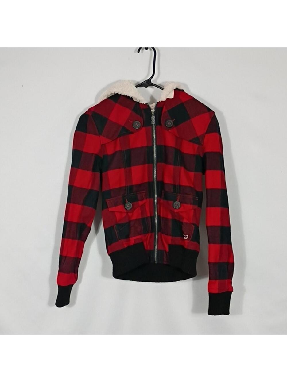 EUC Fox Girls Racing Jacket Buffalo Plaid Full Zip Hooded Coat US Size Small